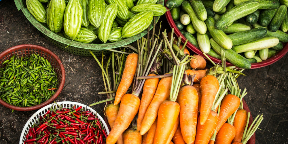 Bowls of harvested vegetables